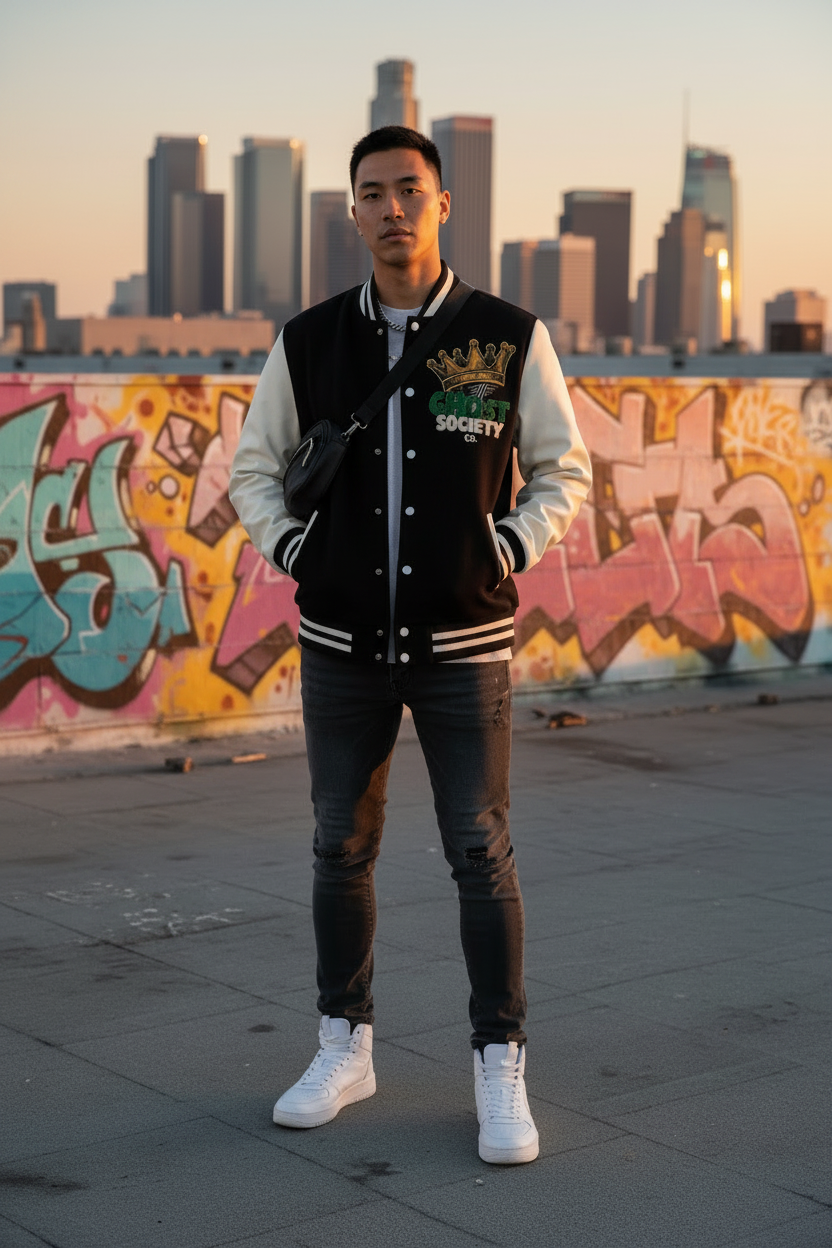 GHOST SOCIETY CO. Two-Tone Fleeced Varsity Jacket