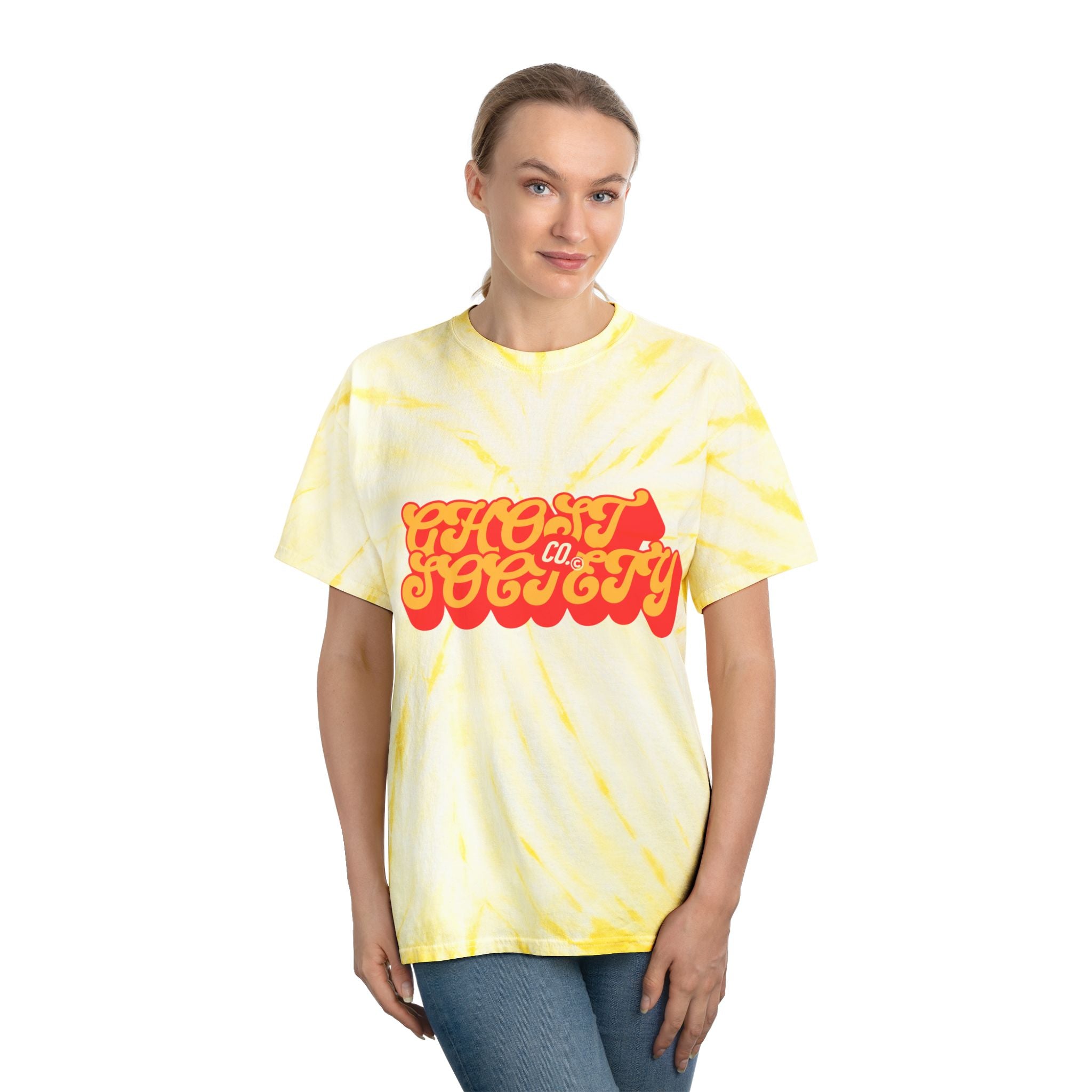 Yellow Cyclone Tie-Dye Tee with Retro Script Logo