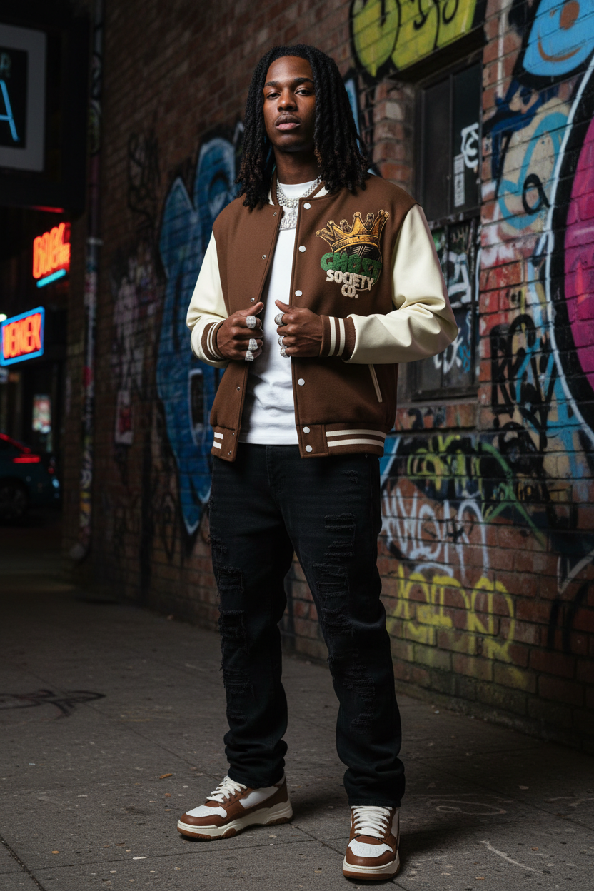 GHOST SOCIETY CO. Two-Tone Fleeced Varsity Jacket