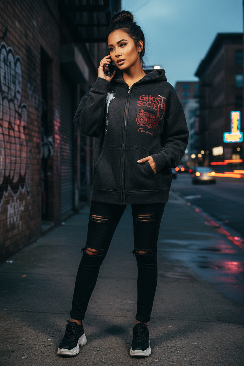 GHOST SOCIETY CO. Sunfade Two-way Zipper Boxy Fleece Hoodie