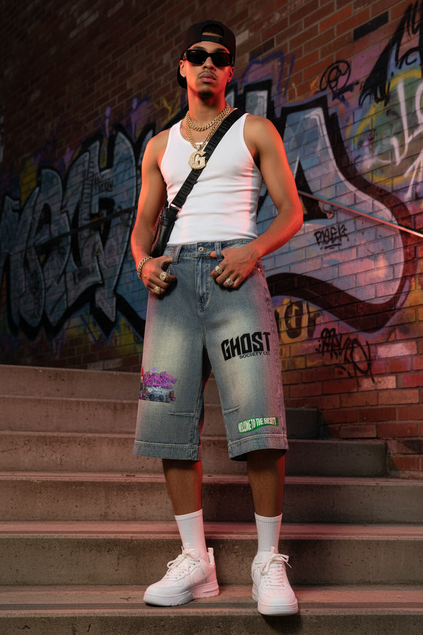 GHOST SOCIETY CO. Vintage Wash Baggy Denim Shorts