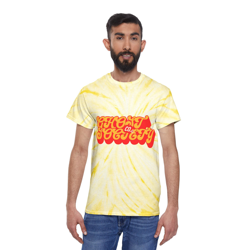 Yellow Cyclone Tie-Dye Tee with Retro Script Logo