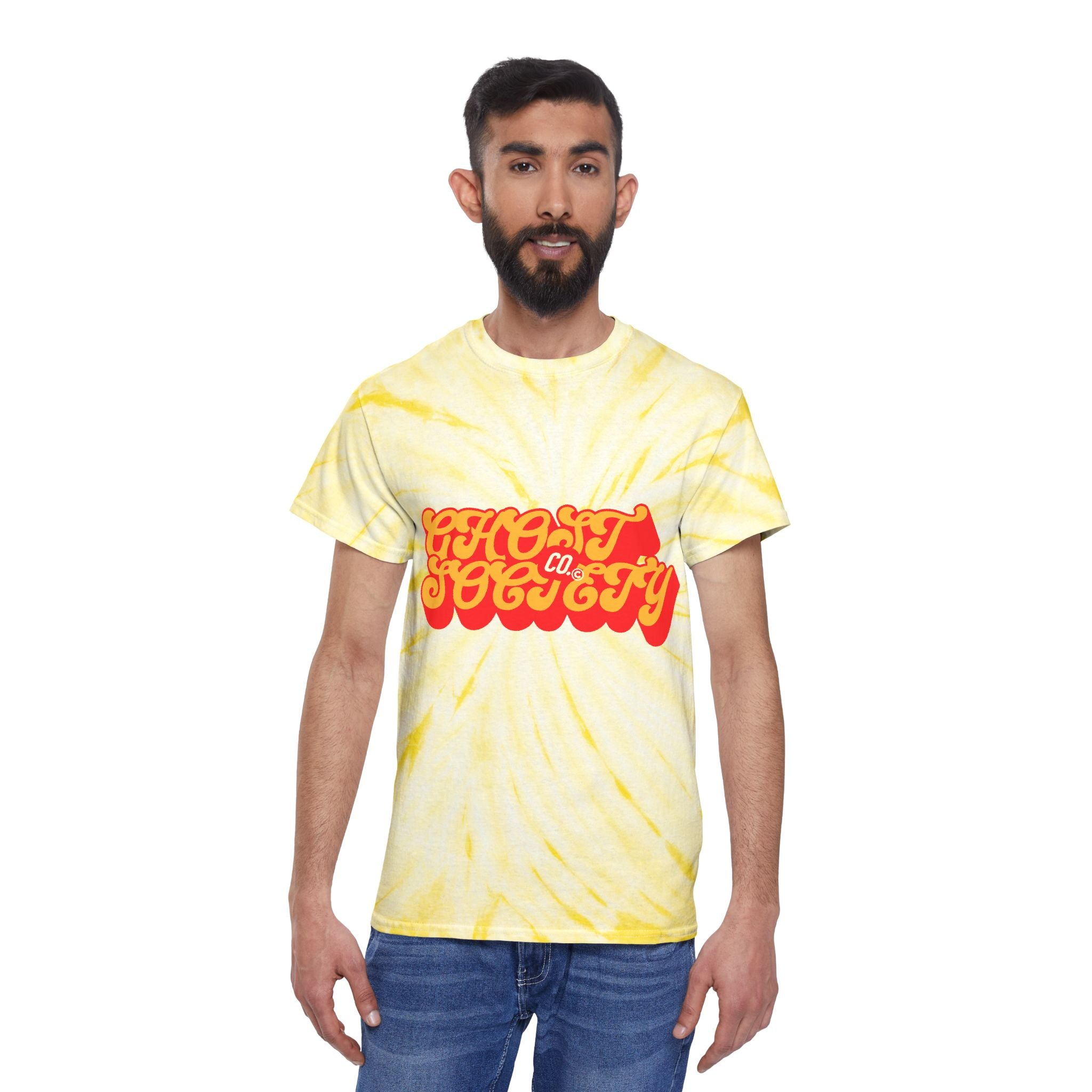 Yellow Cyclone Tie-Dye Tee with Retro Script Logo