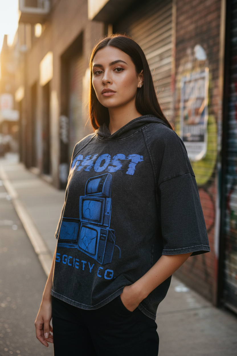 GHOST SOCIETY CO. Snow Washed Hooded Boxy T-Shirt