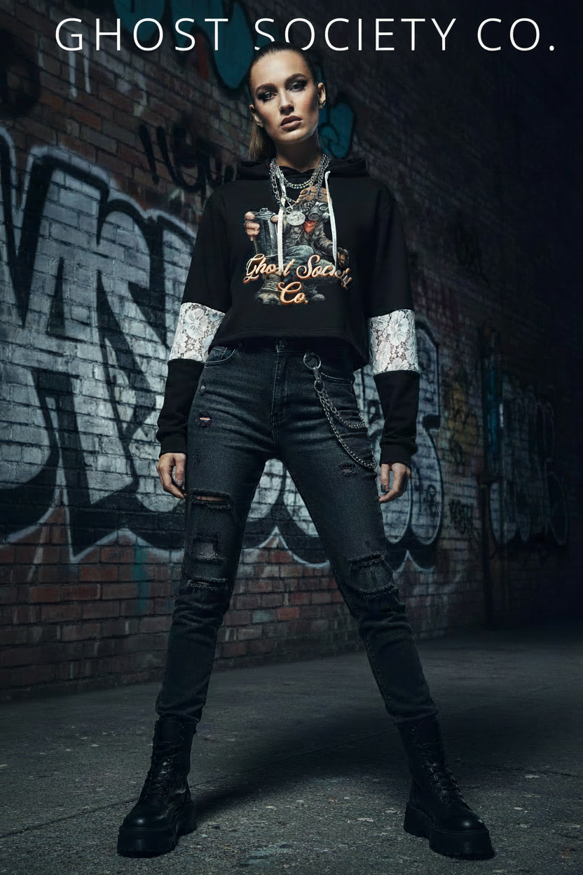 GHOST SOCIETY CO. Women’s Cropped Lace-Panel Hoodie