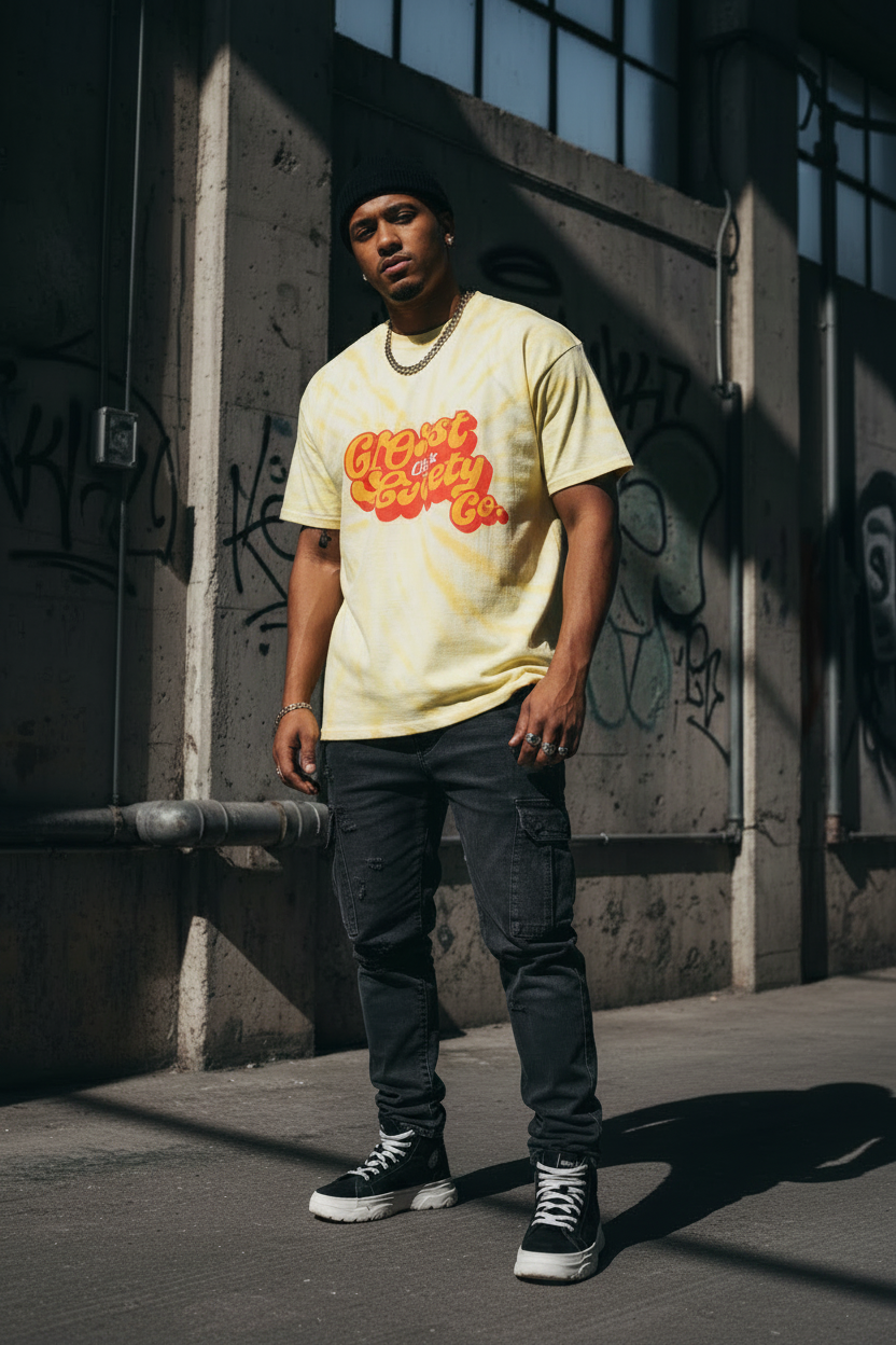 Yellow Cyclone Tie-Dye Tee with Retro Script Logo
