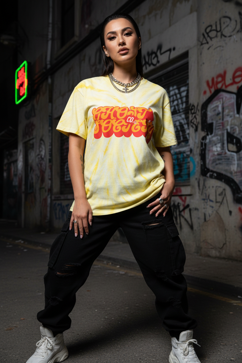 Yellow Cyclone Tie-Dye Tee with Retro Script Logo