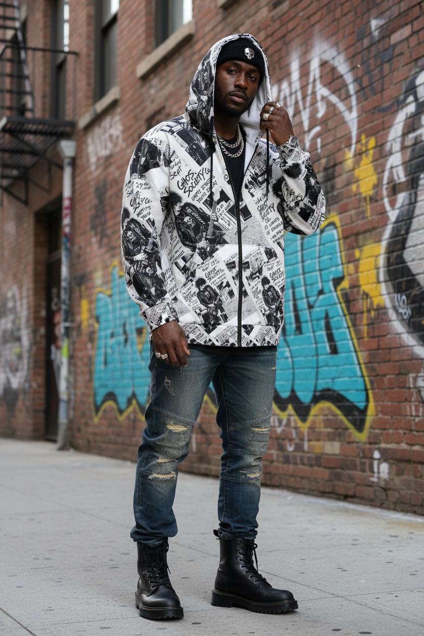 GHOST SOCIETY CO.  Punk Rock Concert Flyer Unisex Zip Hoodie (AOP)
