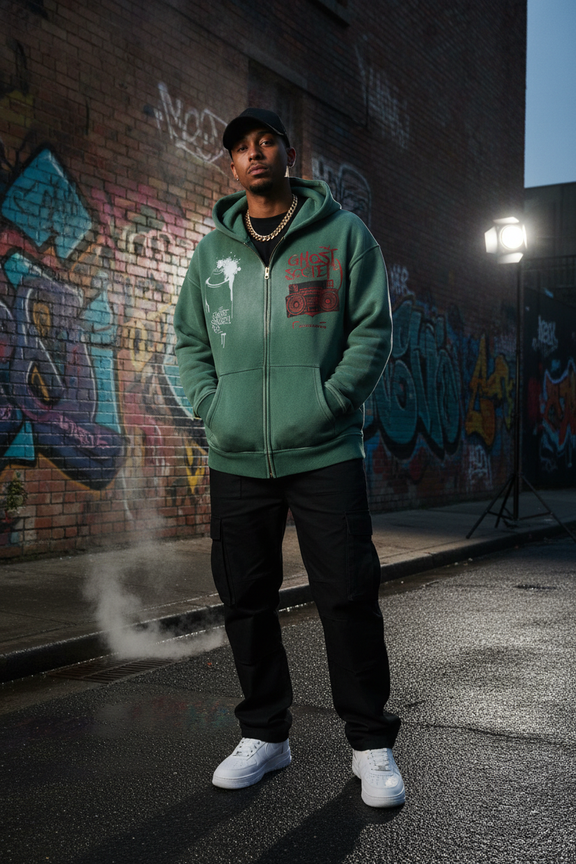 GHOST SOCIETY CO. Sunfade Two-way Zipper Boxy Fleece Hoodie