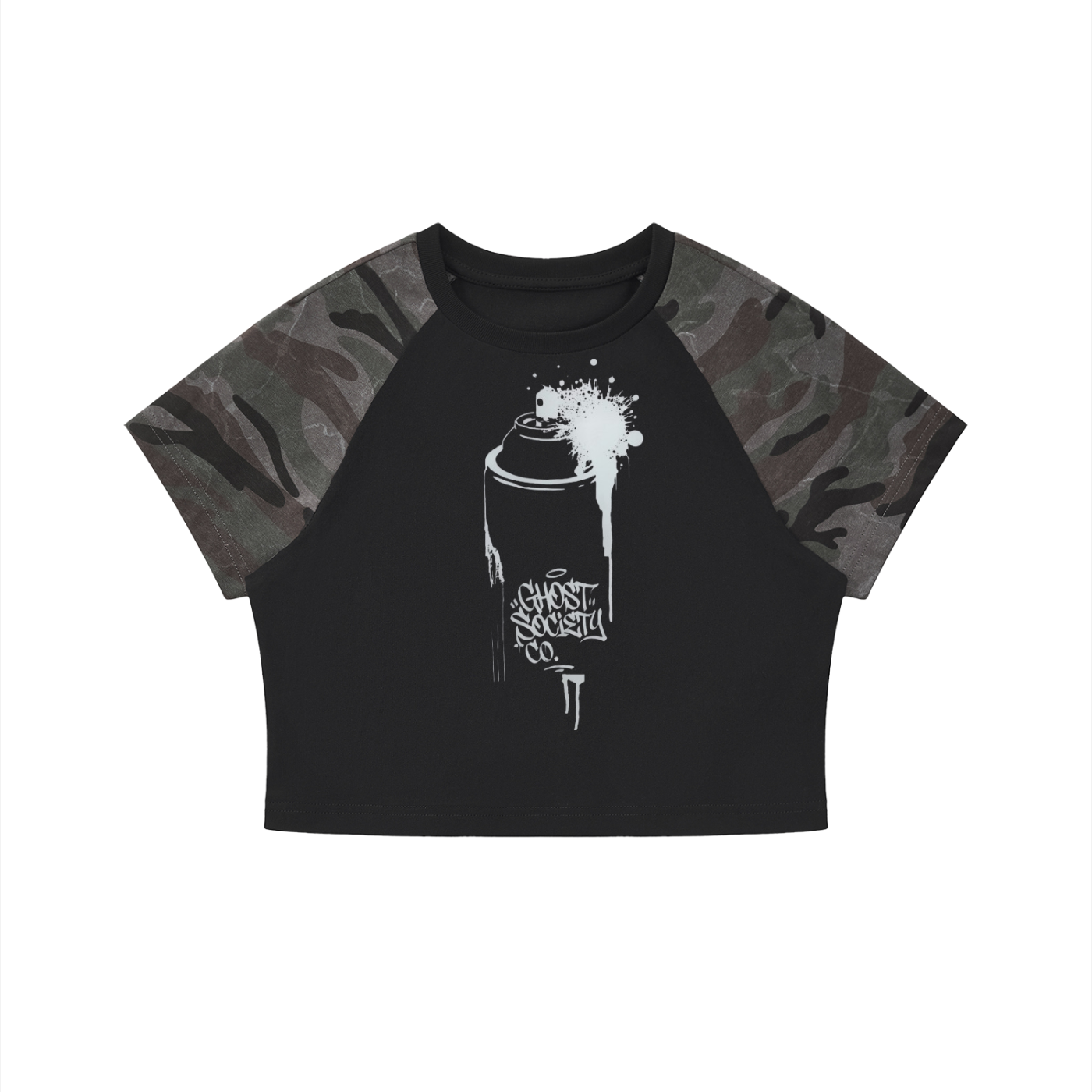 GHOST SOCIETY CO.Women’s Camo Raglan Crop T-Shirt