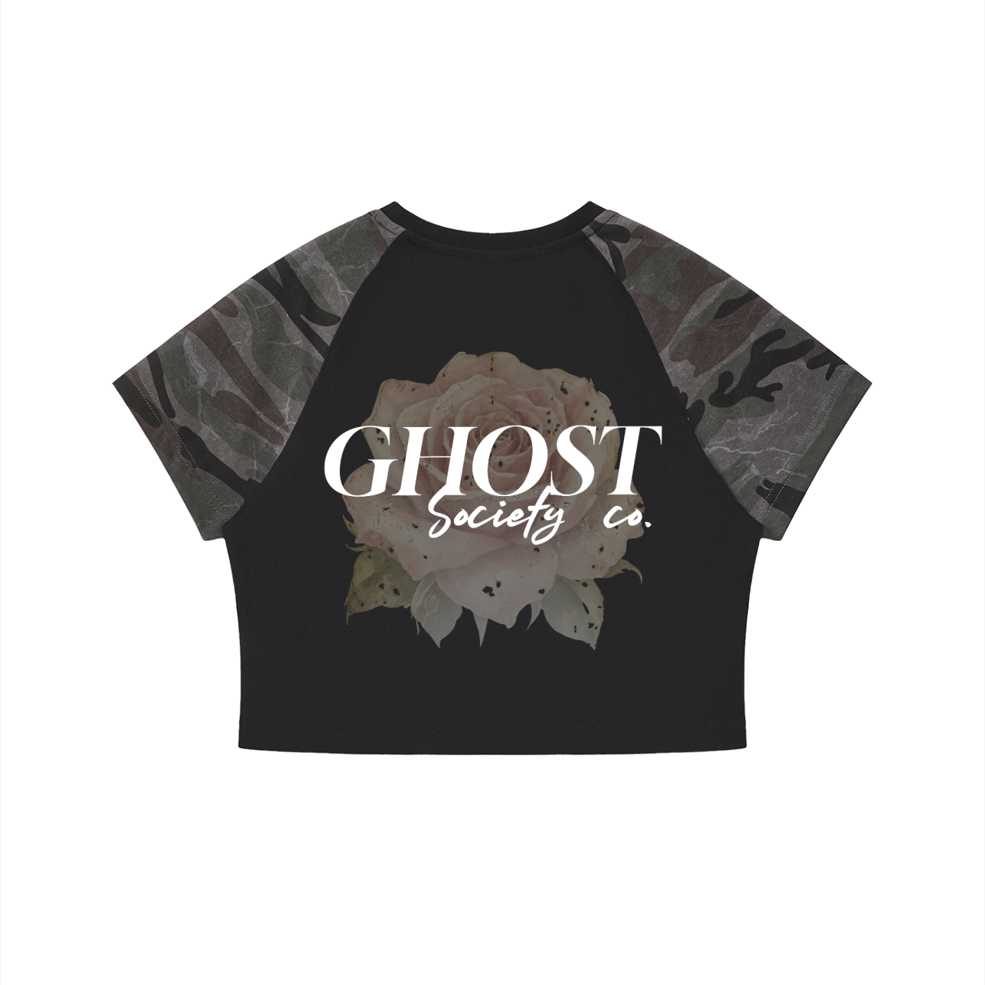 GHOST SOCIETY CO.Women’s Camo Raglan Crop T-Shirt